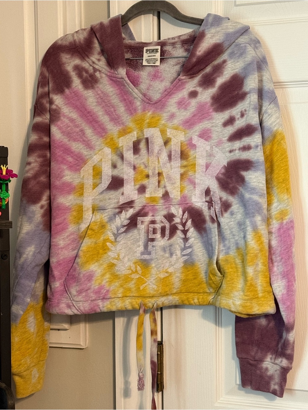 PINK Victoria's Secret Tie-Dye Cropped Hoodie Sweatshirt - Yellow, Pink & Purple